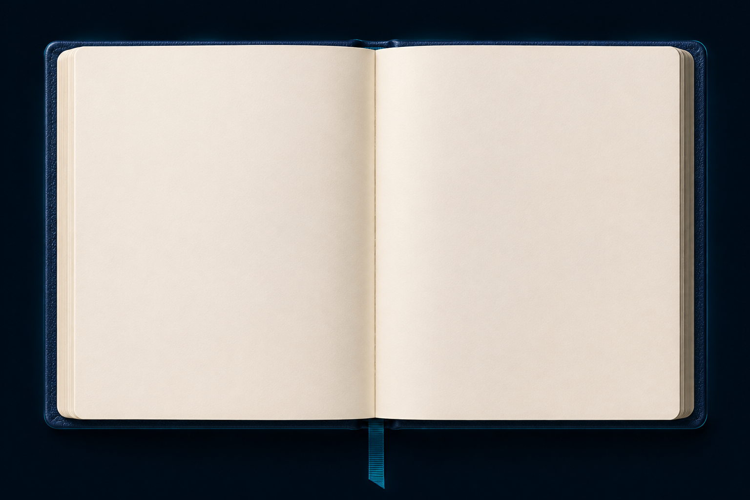 An open navy leather notebook with warm ivory pages and a teal bookmark